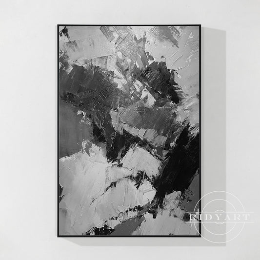 Black Gray White Abstract Textured Painting on Canvas