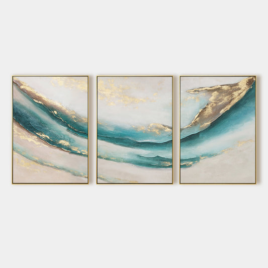 Set of 3 teal Gold abstract oil painting Home Decor