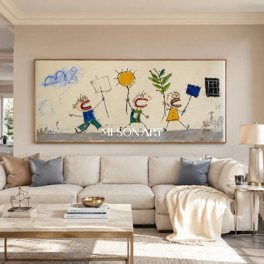 Whimsical Pop Art Painting With Bold Characters And Textured Impasto For Modern Living Room Decor