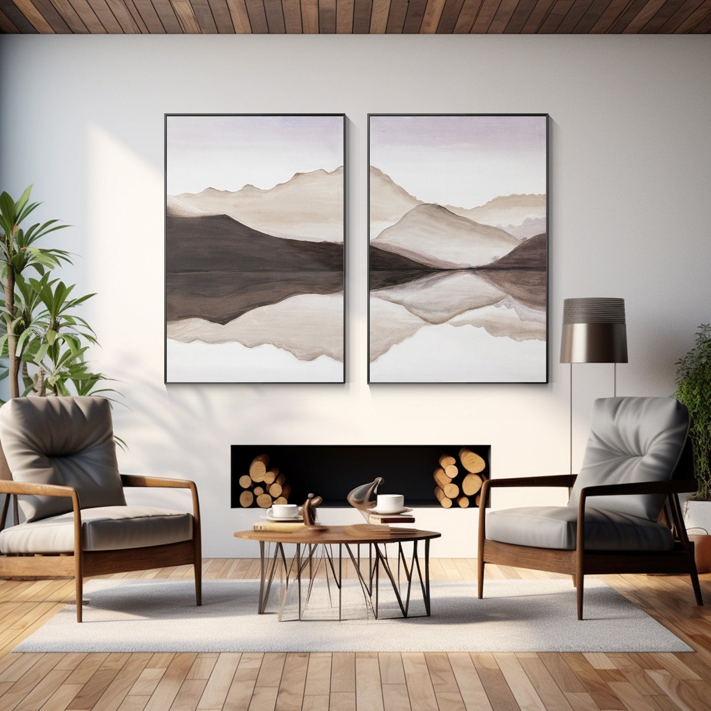 Set of 2 Earth Tone Mountain Landscape Painting