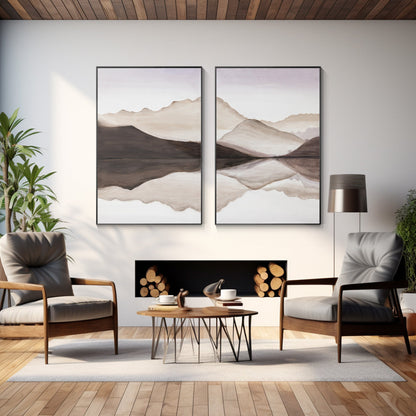 Set of 2 Earth Tone Mountain Landscape Painting