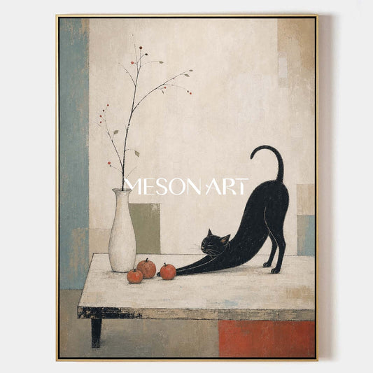 Minimalist Black Cat Painting With Autumn Fruits And Art Deco Background For Living Room Entryway Decor