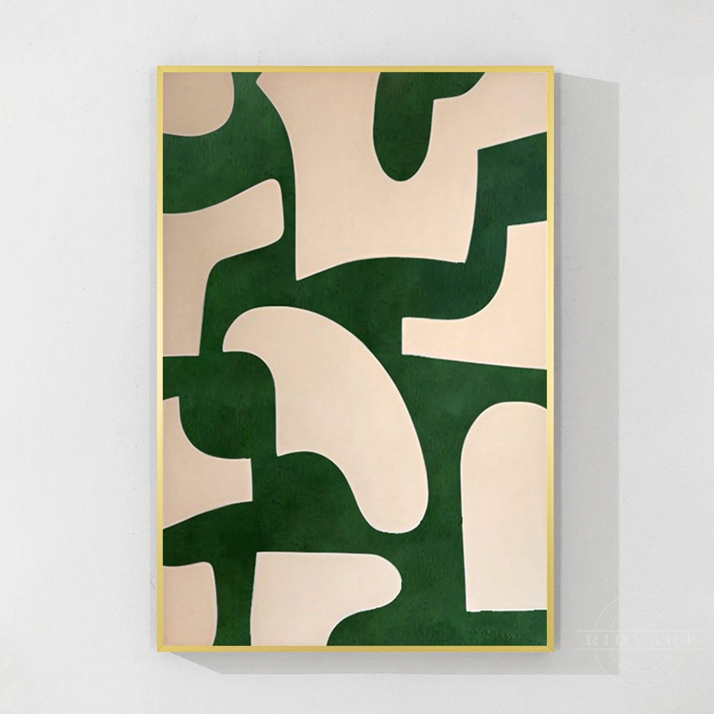 Beige Emerald Green Abstract Art Vertical Organic Shape