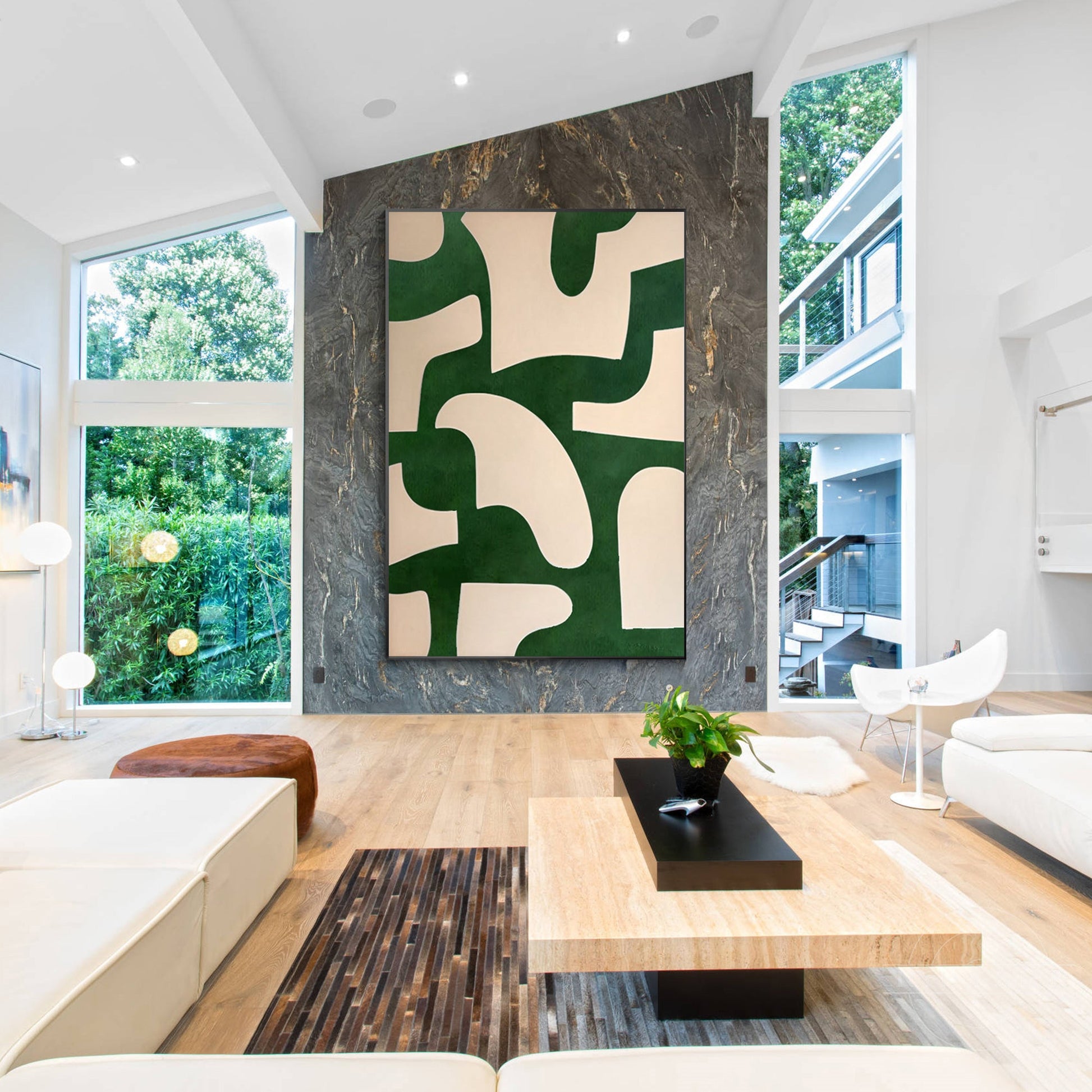 Beige Emerald Green Abstract Art Vertical Organic Shape