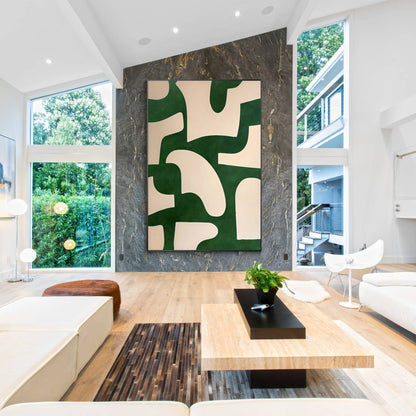 Beige Emerald Green Abstract Art Vertical Organic Shape