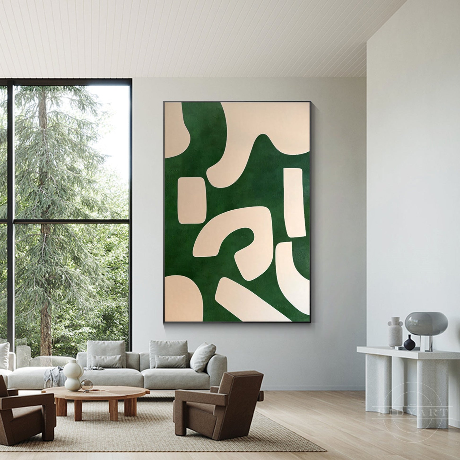 Emerald Green Beige Abstract Painting Vertical Organic Shape