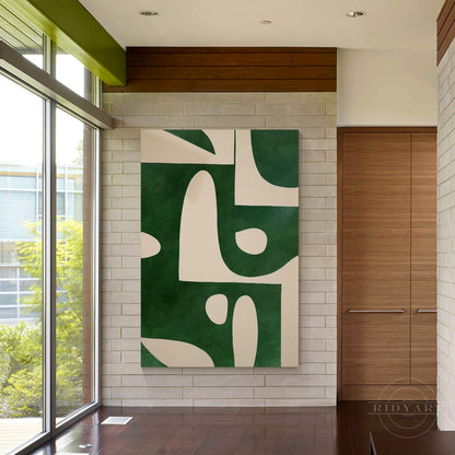 Beige Emerald Green Vertical Abstract Art Organic Shape