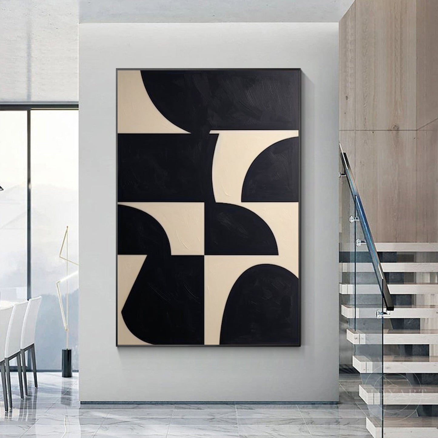 Black Beige Geometric Texture Art Organic Shape Canvas Wall