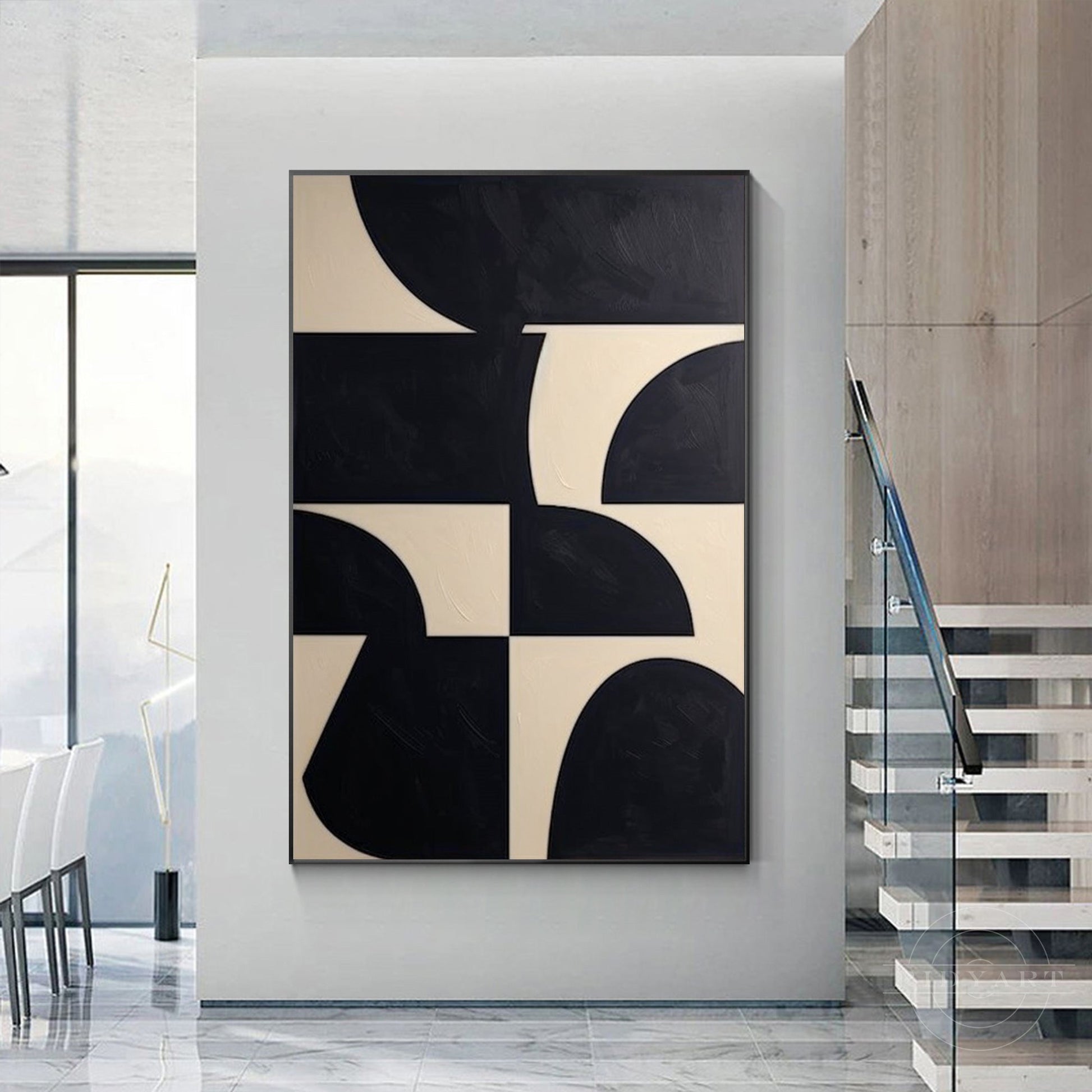 Black Beige Geometric Texture Art Organic Shape Canvas Wall