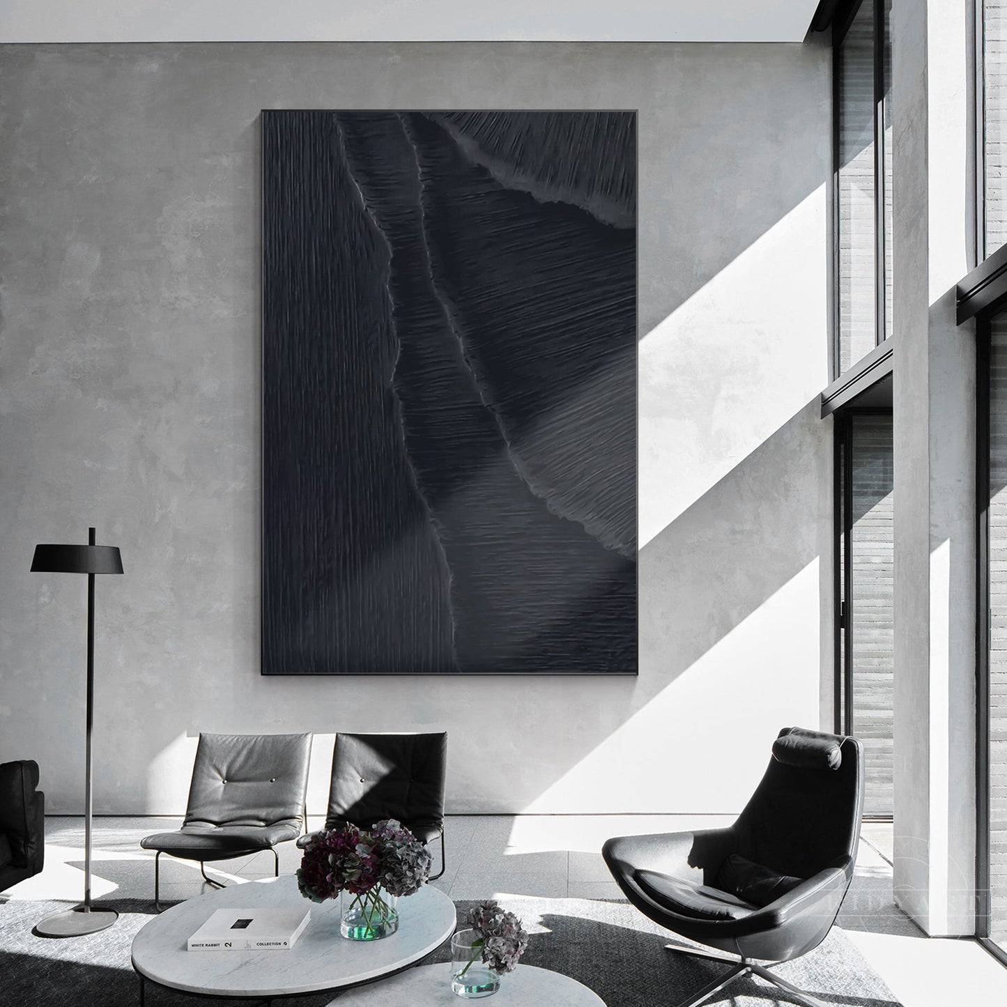 Matte Black 3D Texture Sea Waves Original Canvas Vertical Art
