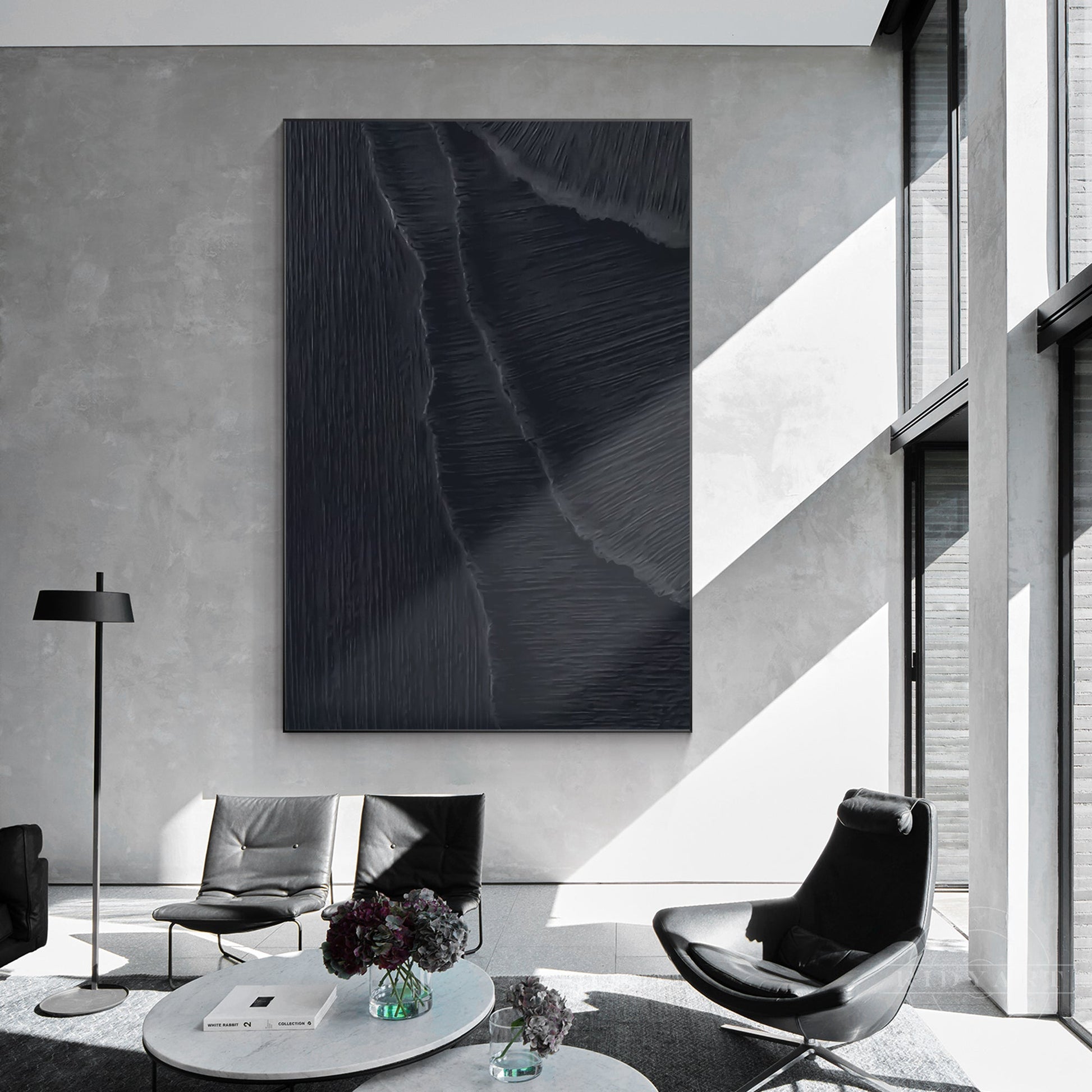 Matte Black 3D Texture Sea Waves Original Canvas Vertical Art