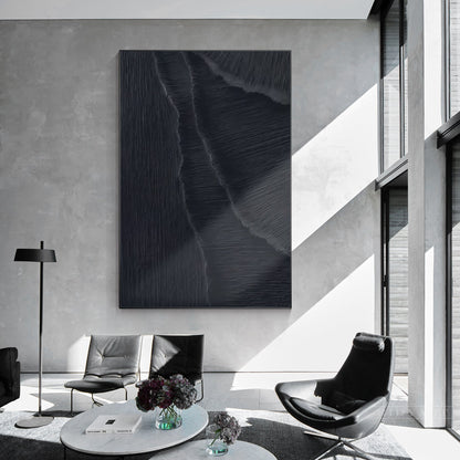 Matte Black 3D Texture Sea Waves Original Canvas Vertical Art