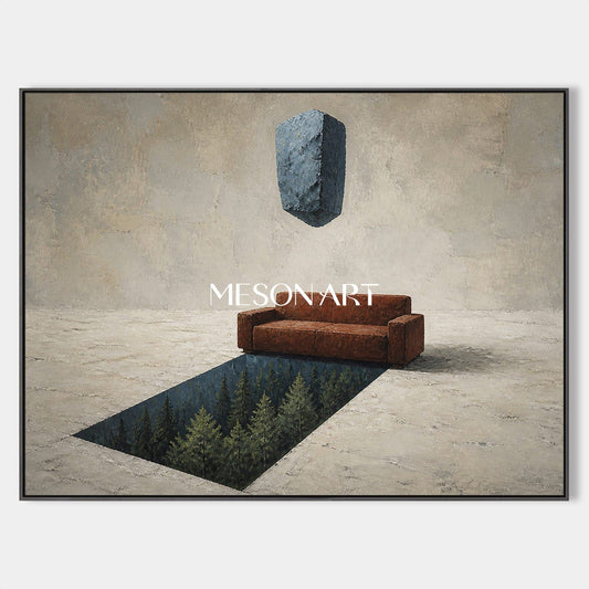 Surreal Abstract Painting With Floating Stone And Forest Void For Industrial Loft Living Room Decor