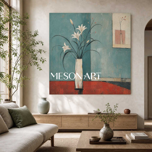 Art Deco Floral Painting With White Lilies On Teal Background For Modern Living Room Decor