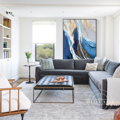 Navy Blue & Gold Abstract Ocean Painting
