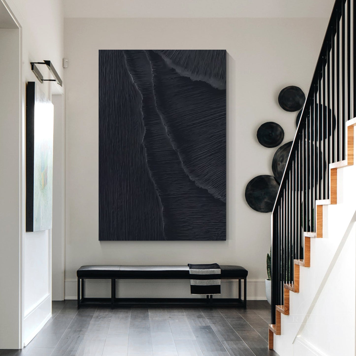 Matte Black 3D Texture Sea Waves Original Canvas Vertical Art