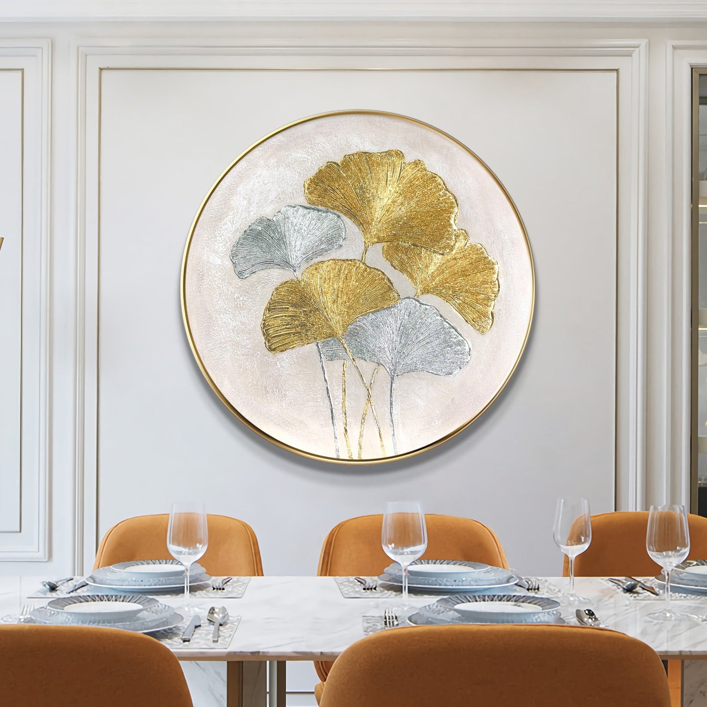 Ginkgo Leaves Painting Gold Silver Foil Round Wall Art