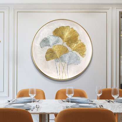 Ginkgo Leaves Painting Gold Silver Foil Round Wall Art