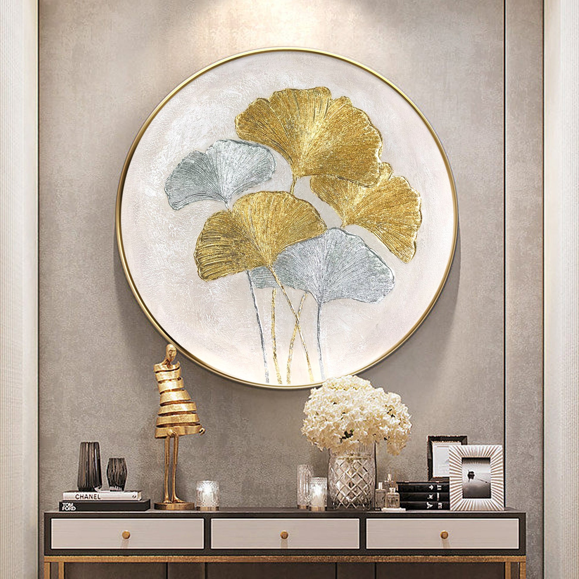 Ginkgo Leaves Painting Gold Silver Foil Round Wall Art