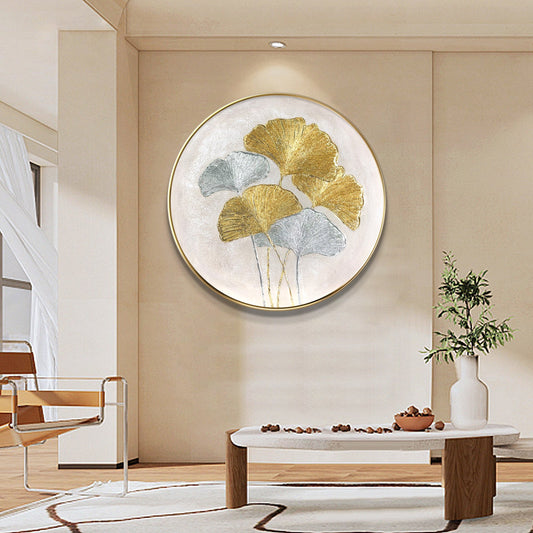 Ginkgo Leaves Painting Gold Silver Foil Round Wall Art