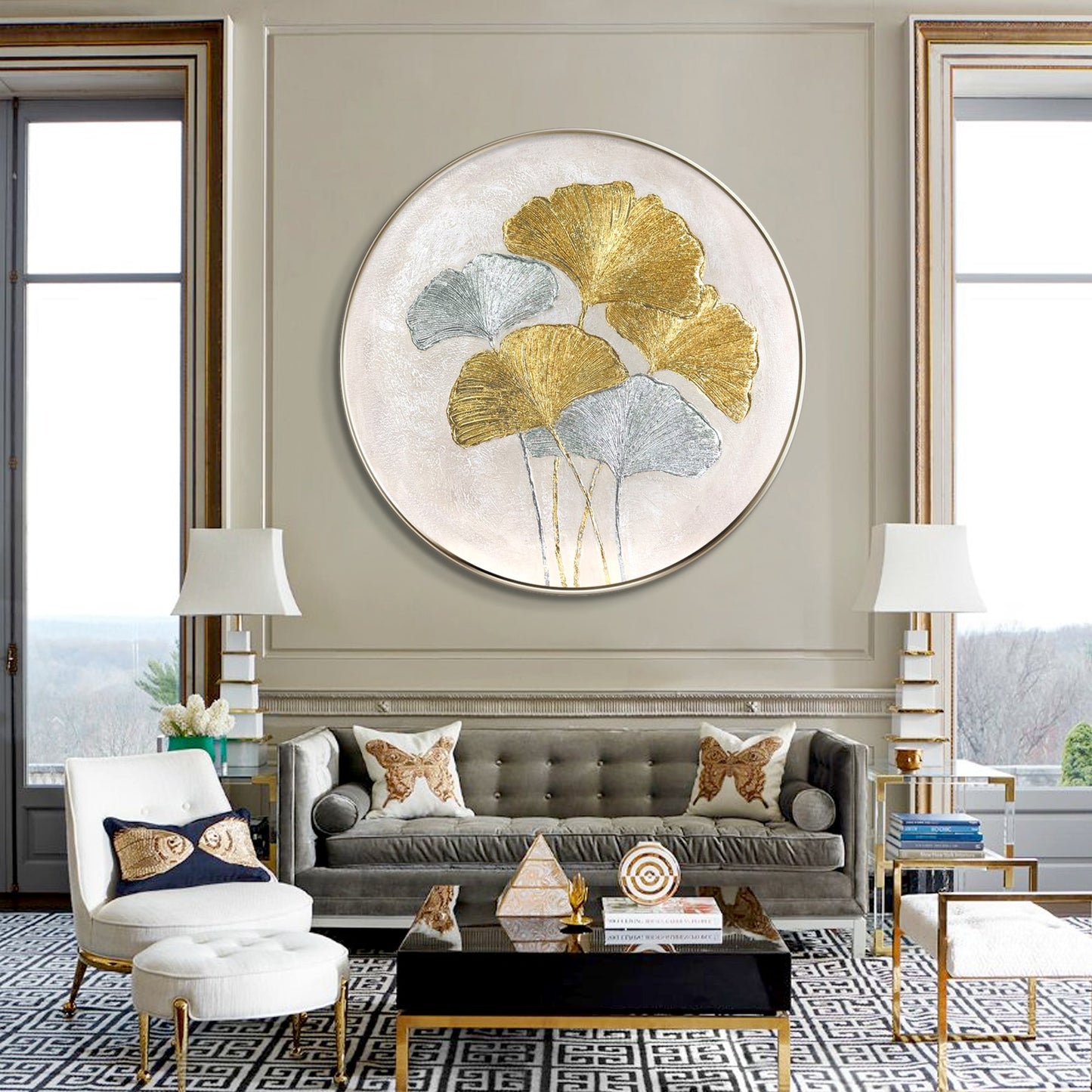 Ginkgo Leaves Painting Gold Silver Foil Round Wall Art