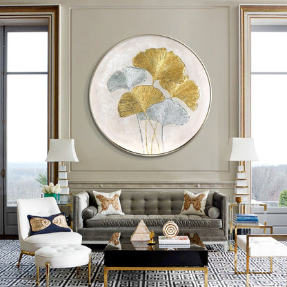 Ginkgo Leaves Painting Gold Silver Foil Round Wall Art
