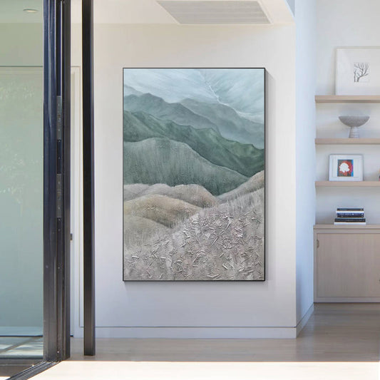 Gray Green Mountains Textured Vertical Wall Art