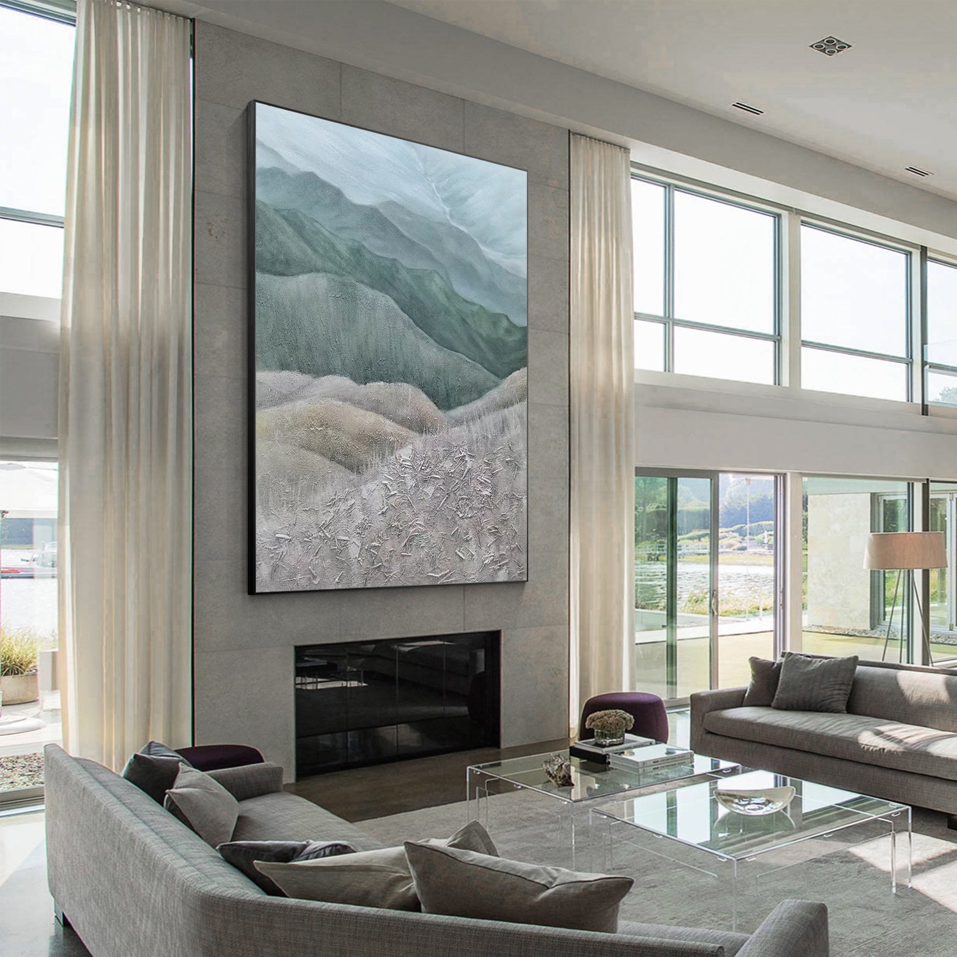 Gray Green Mountains Textured Vertical Wall Art