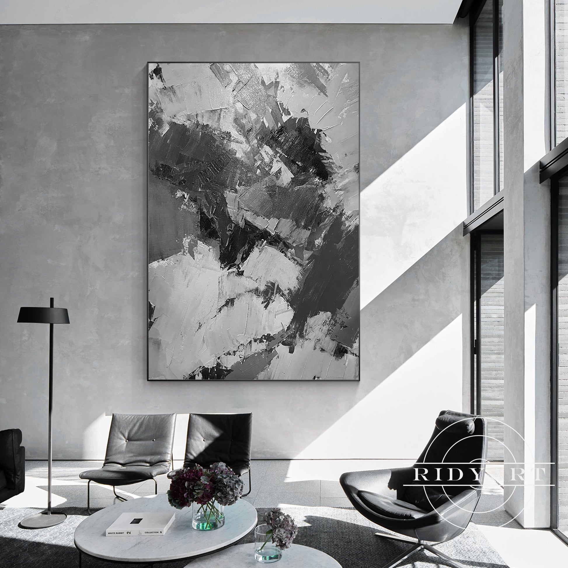 Black Gray White Abstract Textured Painting on Canvas
