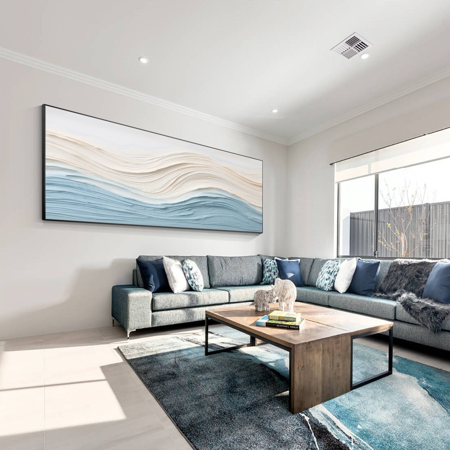 Blue Beige Ocean Waves Textured Horizontal Coastal Wall Art