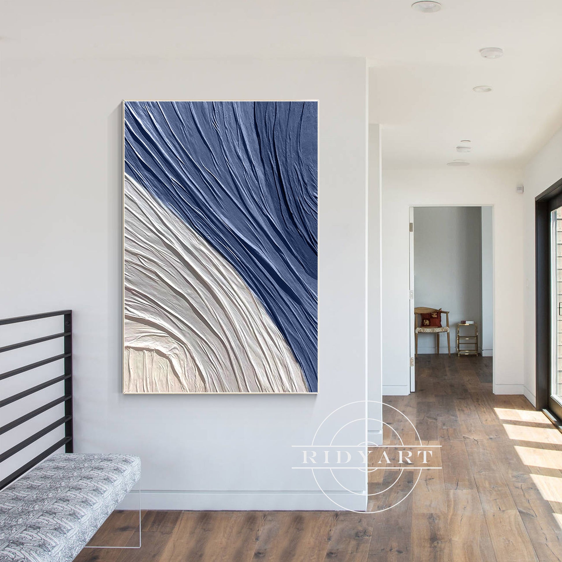Minimalist Navy Blue Gray 3D Texture Plaster Wall Art