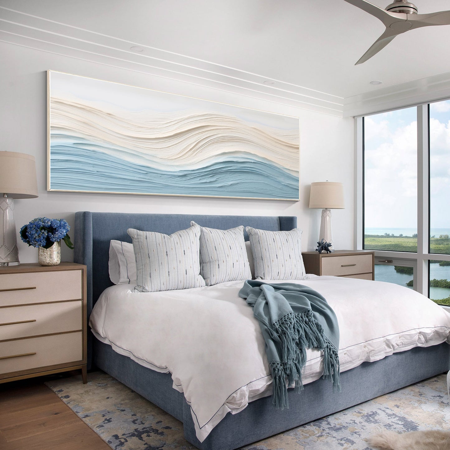 Blue Beige Ocean Waves Textured Horizontal Coastal Wall Art