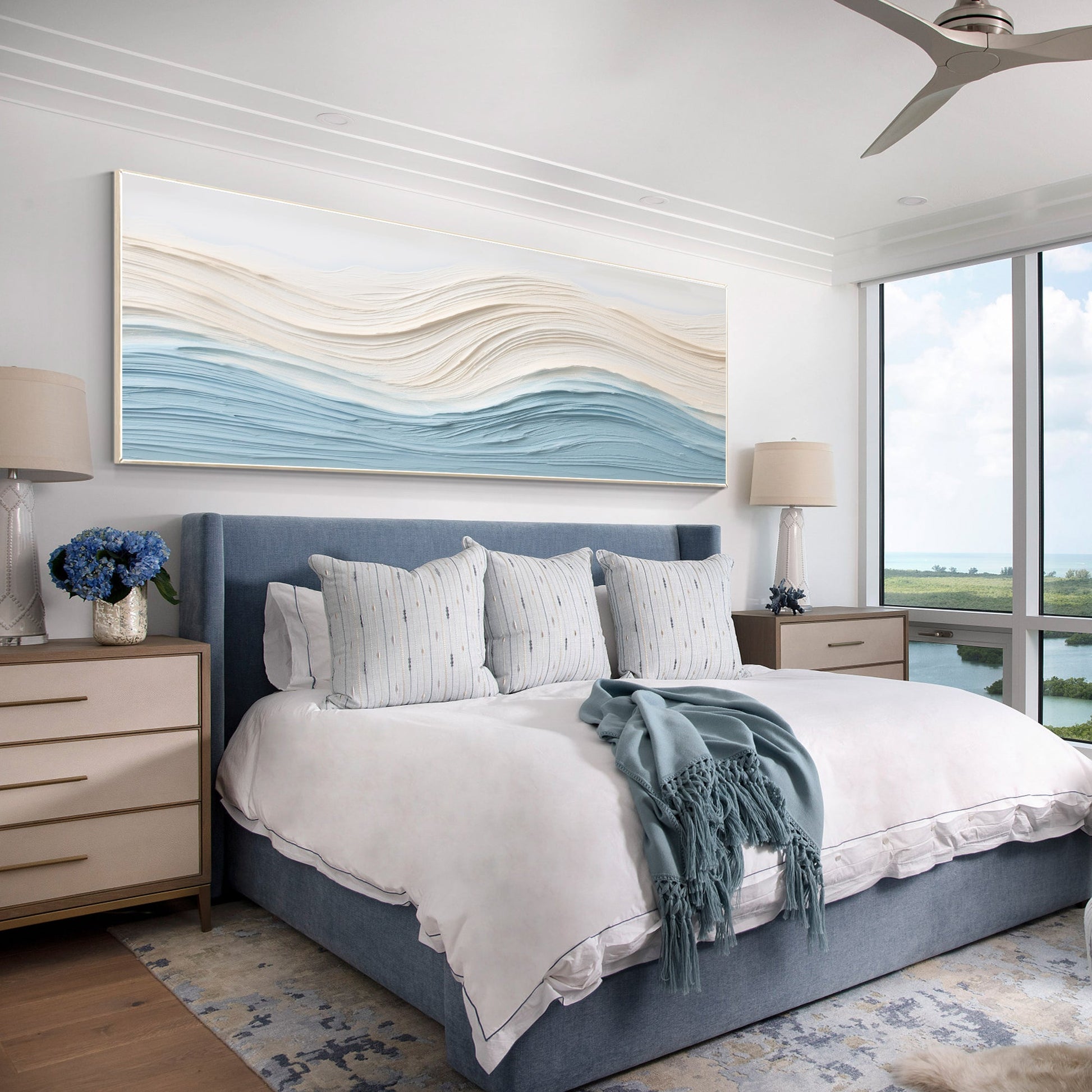 Blue Beige Ocean Waves Textured Horizontal Coastal Wall Art