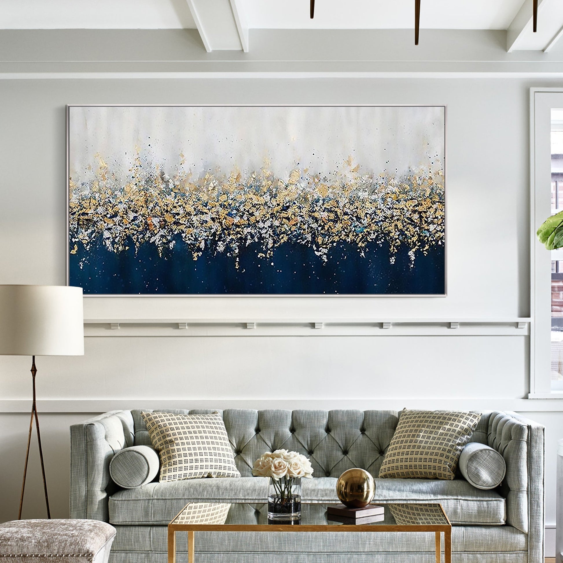 Navy Blue Abstract Gold Silver Wall Art