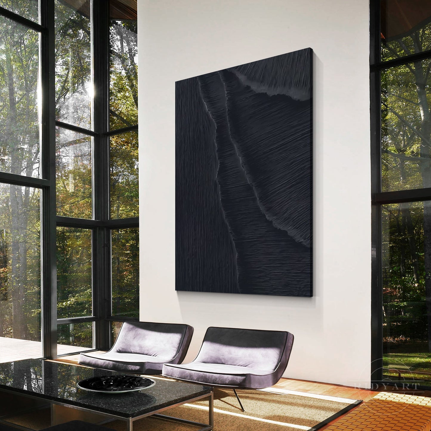 Matte Black 3D Texture Sea Waves Original Canvas Vertical Art