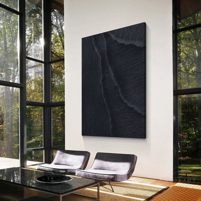 Matte Black 3D Texture Sea Waves Original Canvas Vertical Art