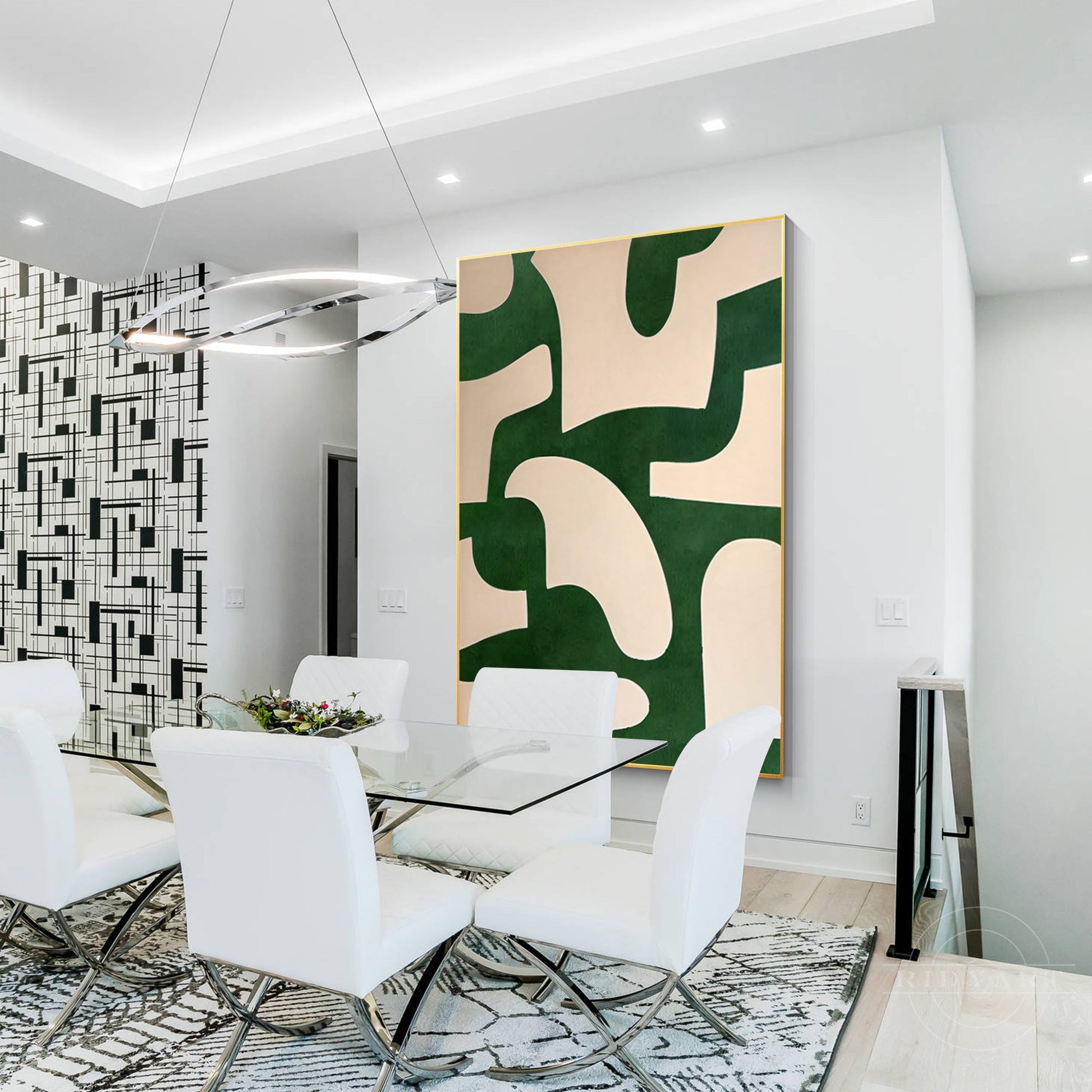 Beige Emerald Green Abstract Art Vertical Organic Shape
