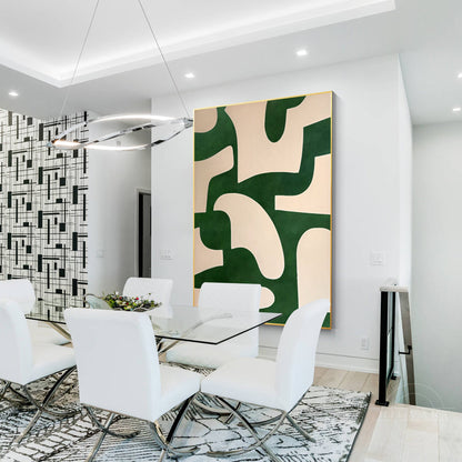 Beige Emerald Green Abstract Art Vertical Organic Shape