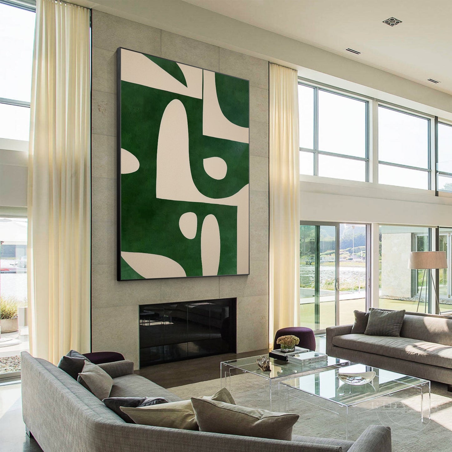 Beige Emerald Green Vertical Abstract Art Organic Shape