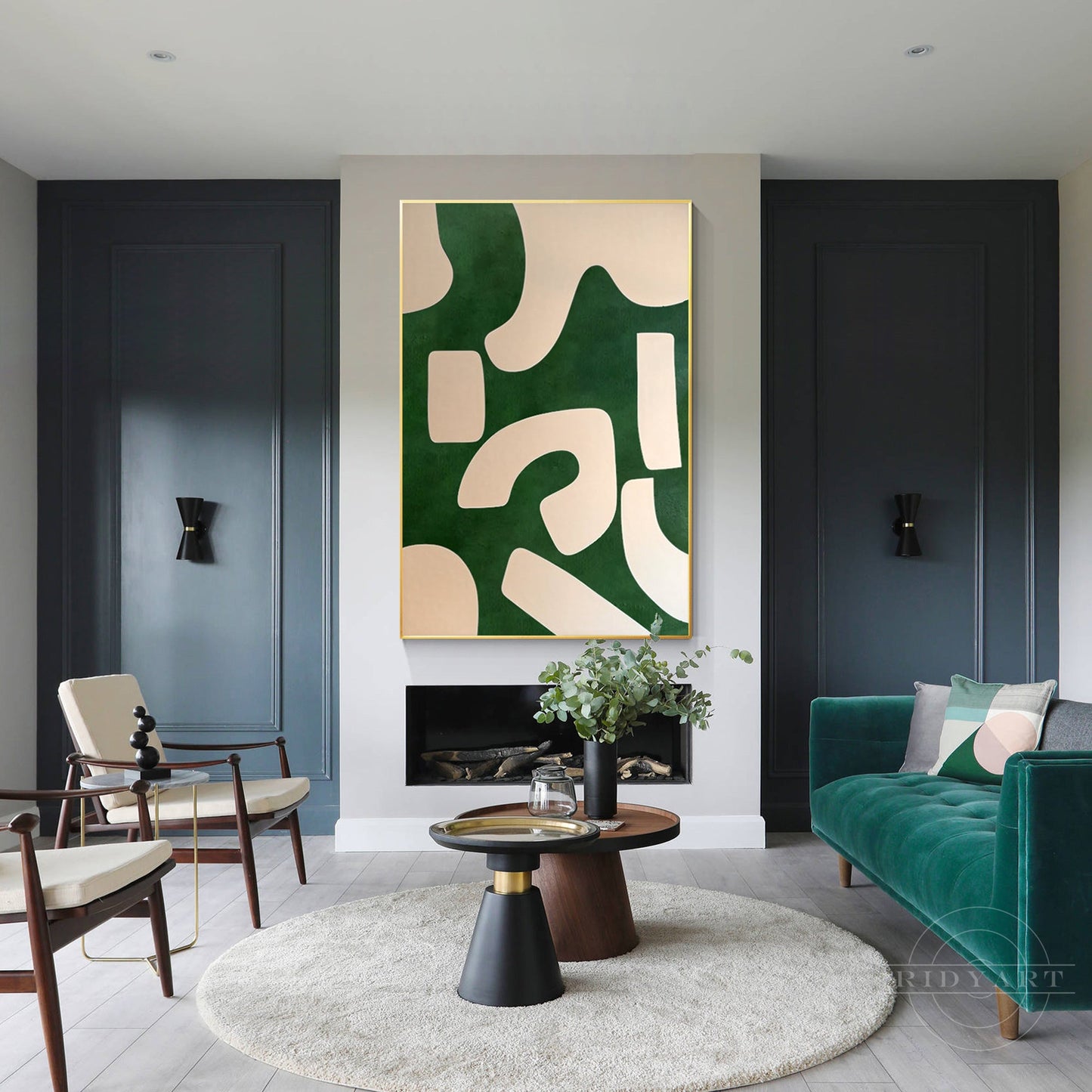 Emerald Green Beige Abstract Painting Vertical Organic Shape