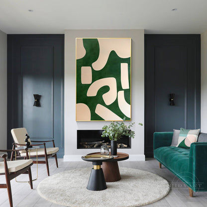 Emerald Green Beige Abstract Painting Vertical Organic Shape