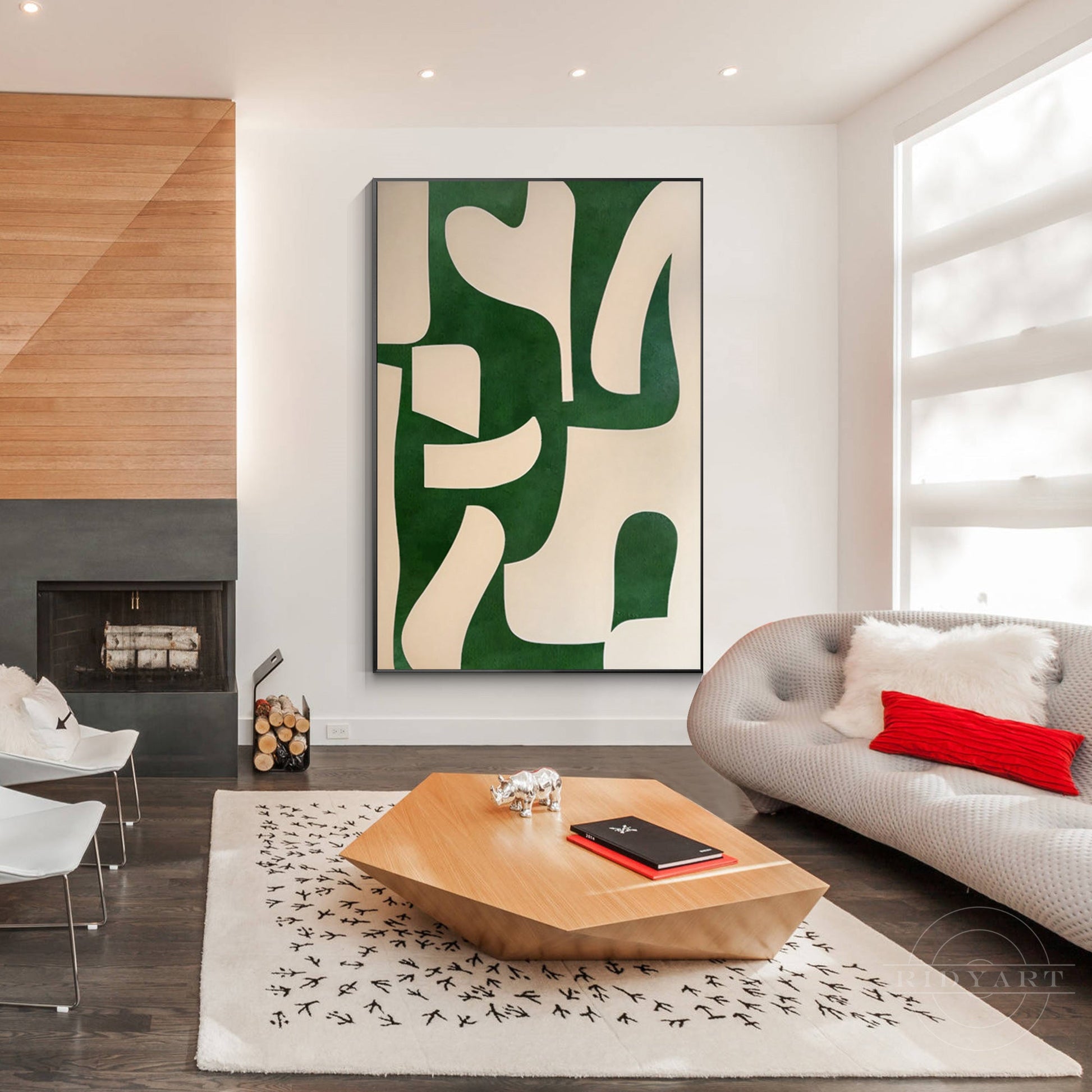 Beige Emerald Green Abstract Painting Vertical Organic Shape