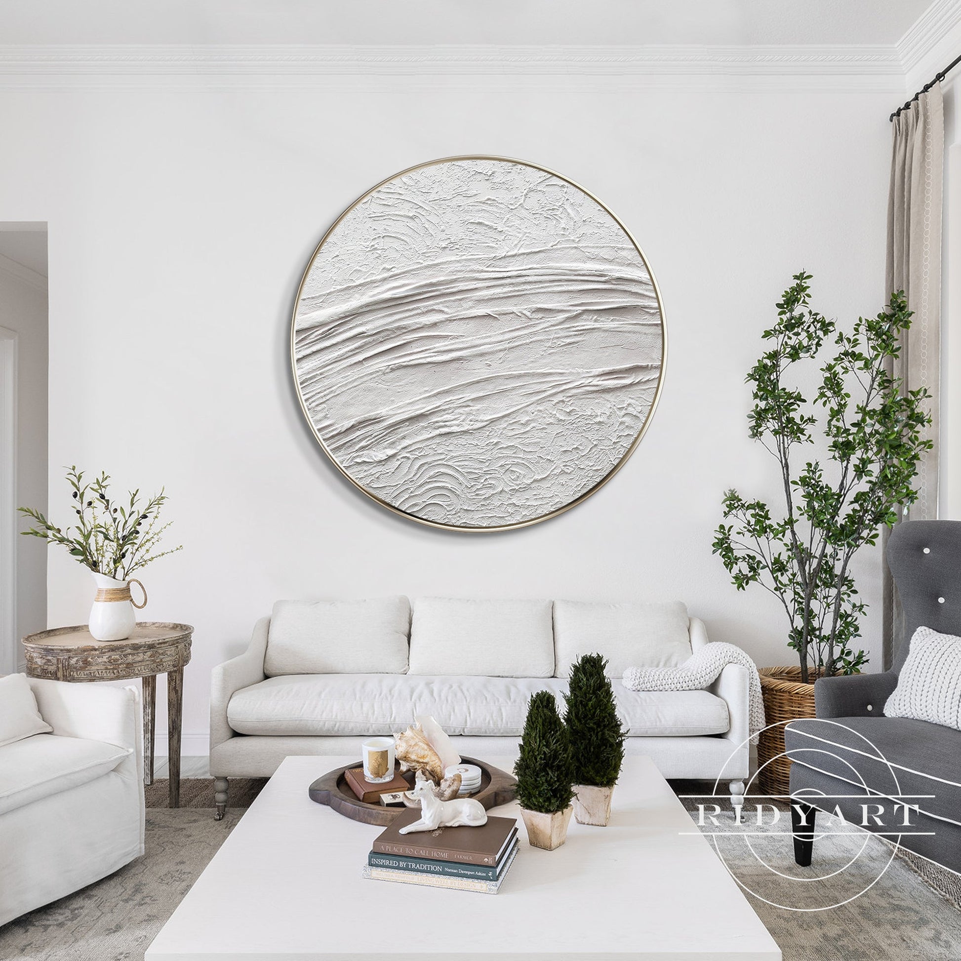 White Minimalist 3D Thick Texture Round Wall Art Framed