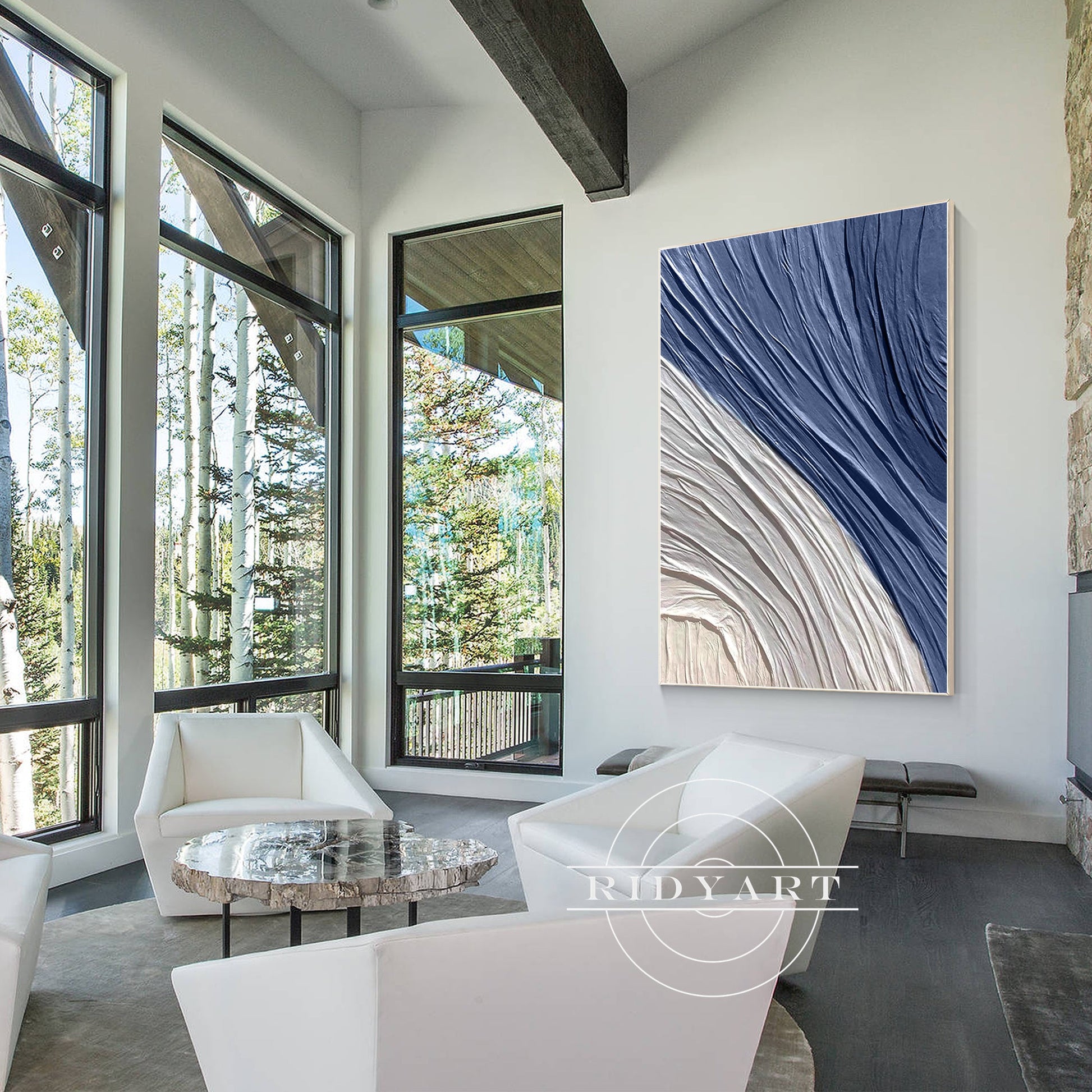 Minimalist Navy Blue Gray 3D Texture Plaster Wall Art