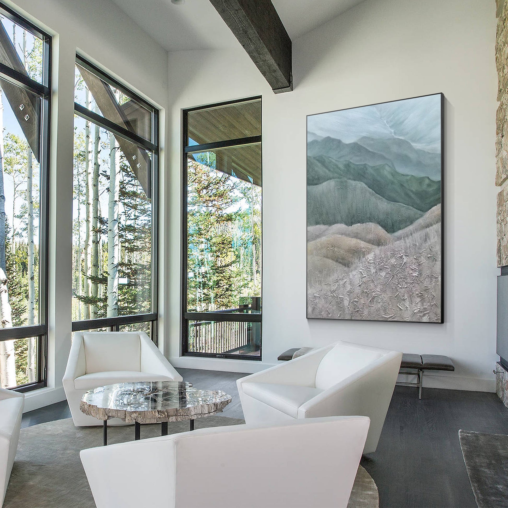 Gray Green Mountains Textured Vertical Wall Art
