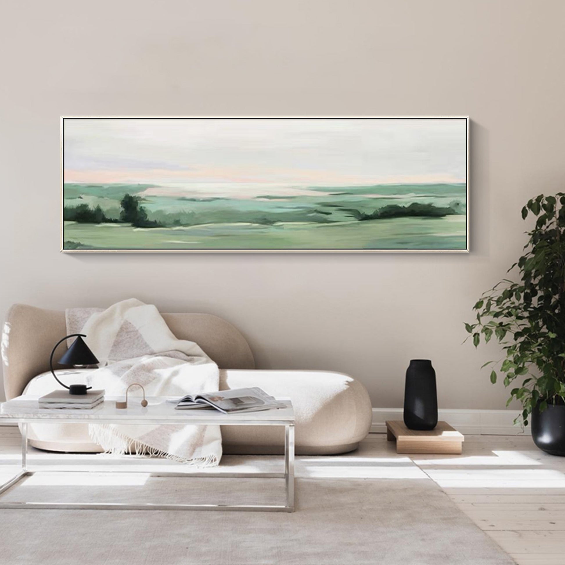 Peaceful Green Landscape Oil Painting Long Horizontal Art