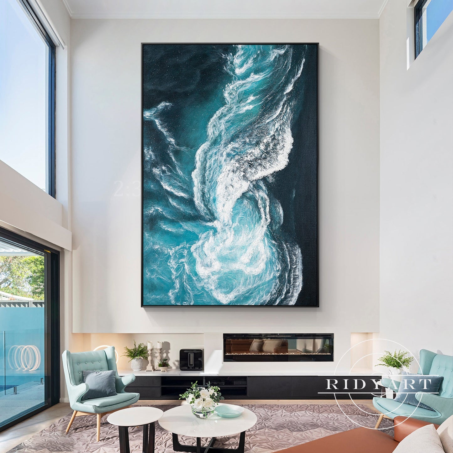 Ocean Wave Abstract Canvas Wall Art - Teal & White