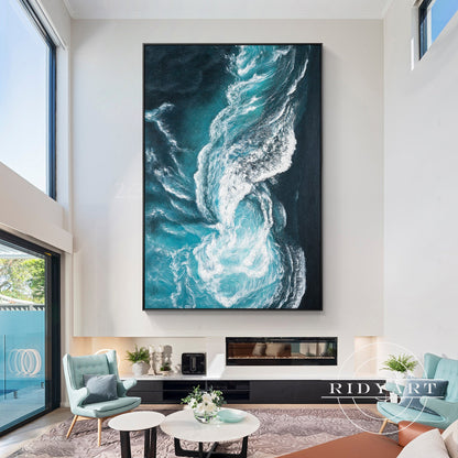 Ocean Wave Abstract Canvas Wall Art - Teal & White