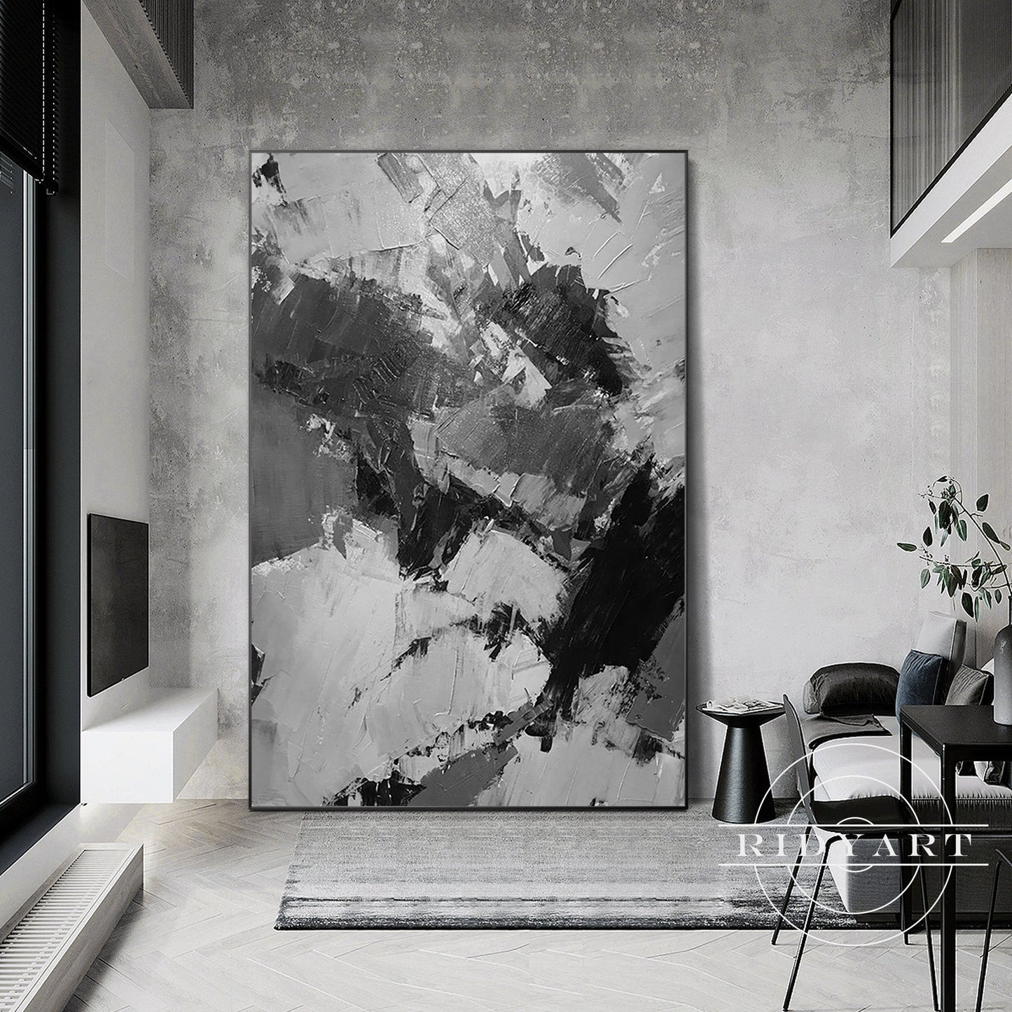 Black Gray White Abstract Textured Painting on Canvas