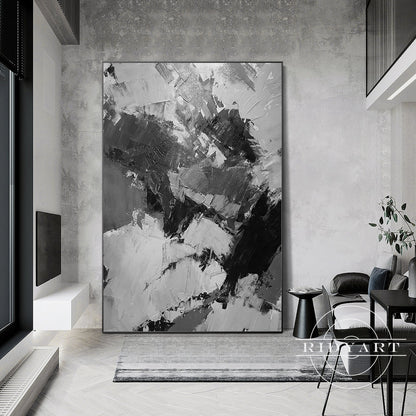 Black Gray White Abstract Textured Painting on Canvas